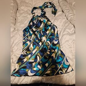 Byer California Blue, Teal, Navy, Olive Patterned Satin Halter Top